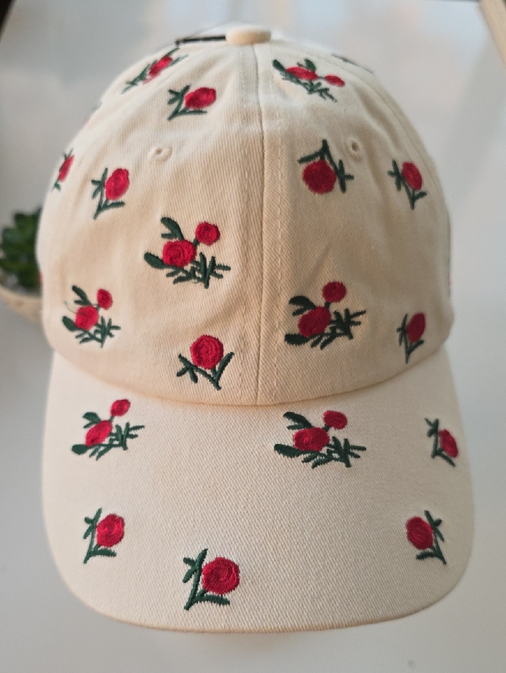 Olivia & Kate New York Cream Baseball Cap with Red Rose Embroidery